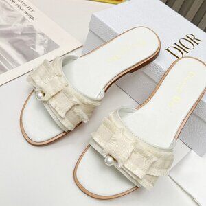 White Calfskin Embroidered Cotton Pearl Slippers